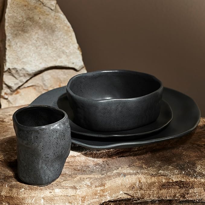 Stone by Mercer Project Atik Modern Stoneware 16-Piece Dinnerware Set, Plate and Bowl Set, Dish set for 4, Charcoal Black Speckled