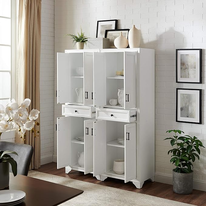 Crosley Furniture Tara 2-Piece Pantry Storage Cabinet Set with Shelves, Kitchen, Dining, or Laundry Room, Distressed White