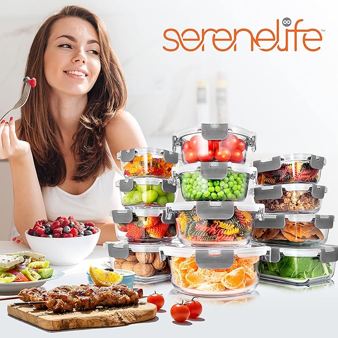 SereneLife 24 Piece Glass Storage Containers with Lids, 12 Pack Glass Meal Prep Container Set for Lunch, Kitchen Storage, Food Storage, Leak Proof, Freezer Safe and Dishwasher Safe, Gray