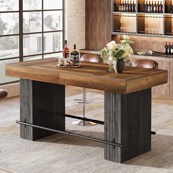 Tribesigns 62.2 Inch Bar Table, Industrial Counter Height Pub Dining Table, Rectangular Home Bar Units with Metal Footrest for Home Kitchen, Dining Room, Bistro