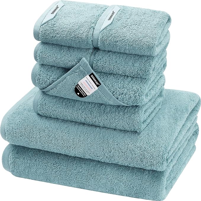 SEMAXE Bath Towel Set, 100% Cotton Bathroom Towels with Hanging Loops and Nano-Bio Lifecycle Labels, 8 Piece Towel Set Include 2 Bath Towels, 2 Hand Towels, 4 Washcloths, Blue