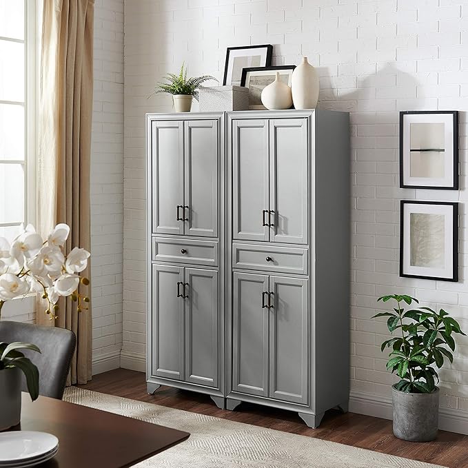 Crosley Furniture Tara 2-Piece Pantry Storage Cabinet Set with Shelves, Kitchen, Dining, or Laundry Room, Distressed Gray