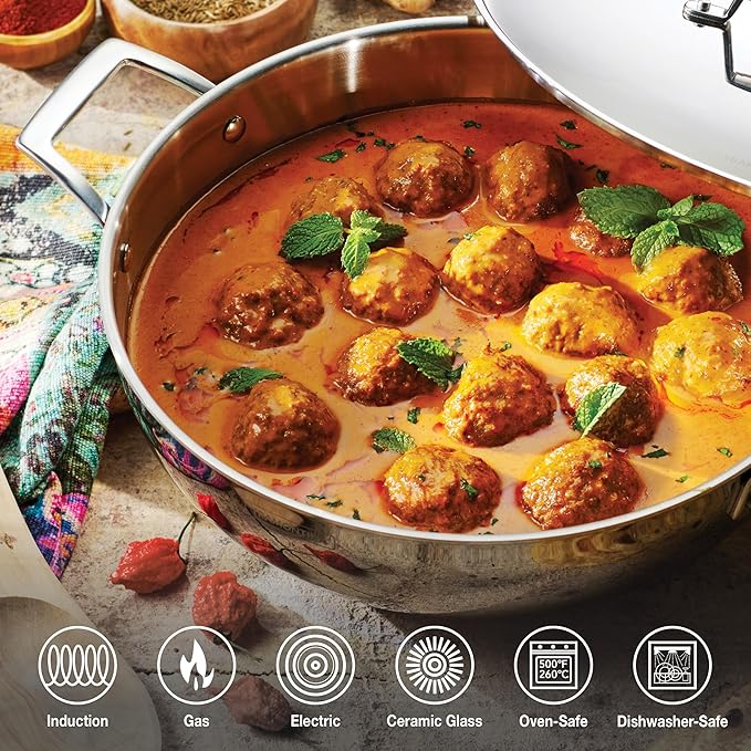 Tramontina Utsava 6-Quart Tri-Ply Clad Stainless Steel Kadai with Lid, Extra Large Kadhai Pot for Indian Cooking