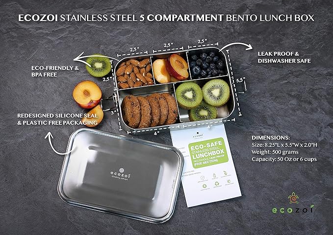 ecozoi Stainless Steel Lunch Box, 1-Tier Metal Bento Box Leak Proof with 5 Compartments, 50 Oz Metal Lunch Container, Meal Prep Food Container, with 50 ml Sauce Container