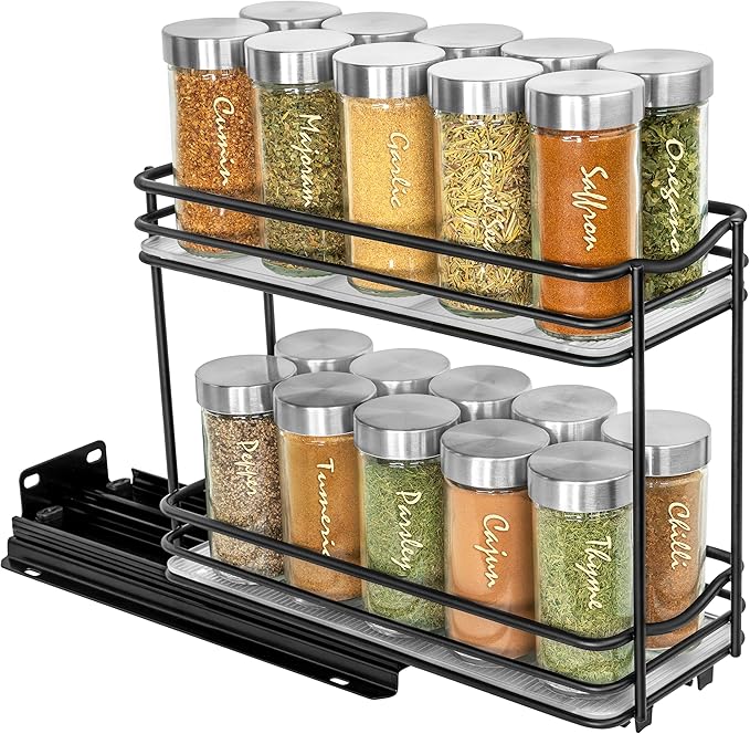 LYNK PROFESSIONAL® Pull Out Spice Rack Organizer for Inside Kitchen Cabinets - 4-3/8 inch Wide - Slide Out Drawer – Black Sliding Spice Cabinet Organization Shelf Racks - 2 Tier