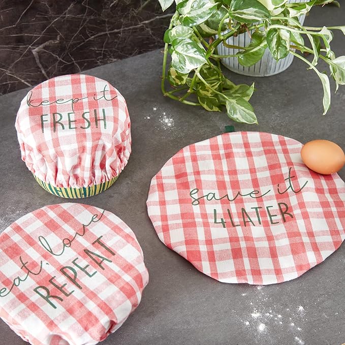 DII Reusable Cloth Bowl Cover Collection Machine Washable, Cotton with Elastic Stretch for Food Storage, 10.25"/8.25"/7.5" Diameter, Plaid Coral, 3 Piece