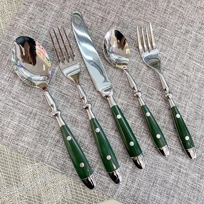 60 Pieces Green Gum Wood Handle Silverware Set for 12,Exquisite Ergonomic Flatware Set Food-Grade Stainless Steel Cutlery Set,Tableware Eating Utensils,Mirror Finished,Dishwasher Safe