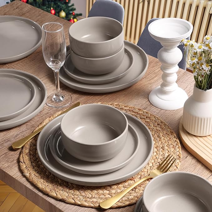HaWare Stoneware Dinnerware Sets, 24-Piece Plates and Bowls Set for 8, Dishes Set for Home Restaurant, Speckled Cream Coffee