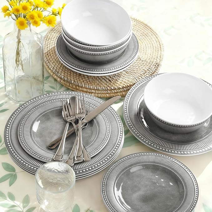 AELS Melamine Dinnerware Set of 12 Pcs, Dinner Dishes Set for Indoor and Outdoor Use, Melamine Plates and Bowls Set for 4, Dishwasher Safe, Lightweight Unbreakable, BPA Free, Gray