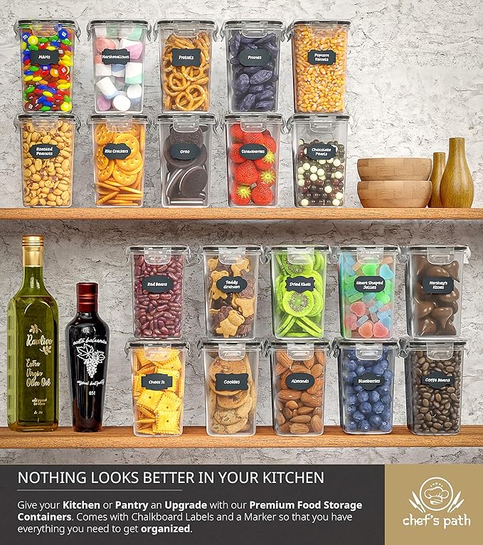 Chef's Path Airtight Plastic Food Containers with Lids - 20 Pack (1.6 Liter Each) - Durable Kitchen and Pantry Storage for Cereal, Rice, Pasta, Sugar - Airtight Food Storage Containers