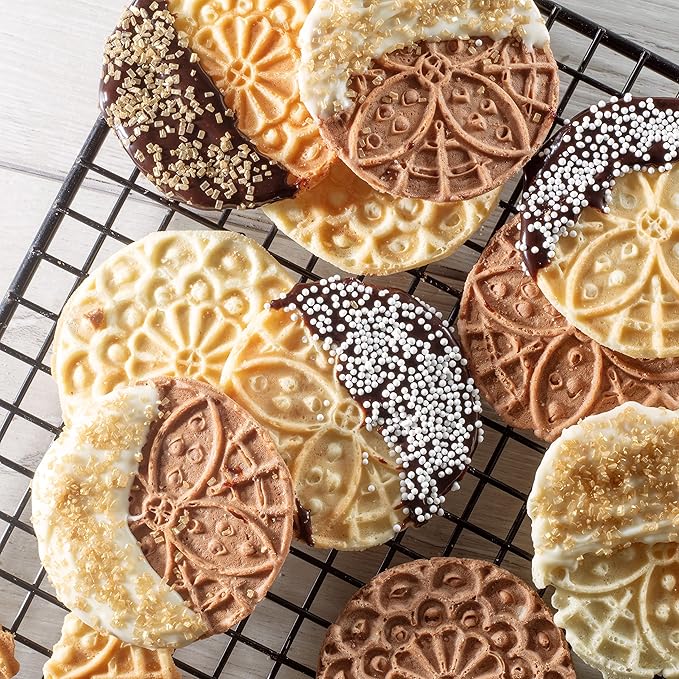 Piccolo Pizzelle Baker- Nonstick Electric Press Makes 4 Mini Holiday Cookies at Once- Recipe Guide Included- Fun Christmas Baking Supplies for Party, Italian Waffle Dessert Treat Making- Gift for Her