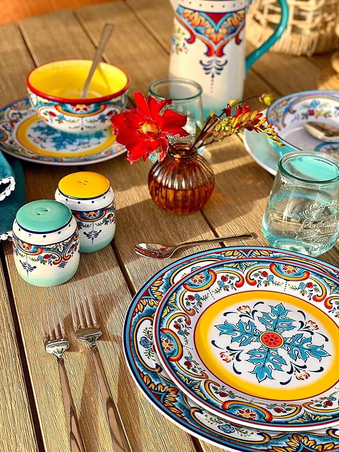 Euro Ceramica Zanzibar Collection 16 Piece Dinnerware Set Kitchen and Dining, Service for 4, Spanish Floral Design, Multicolor, Blue and Yellow