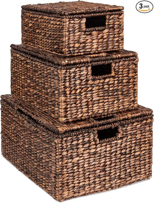 Best Choice Products Set Of 3 Large Multipurpose Hyacinth Storage Baskets, Handwoven Rectangular Organizer Totes for Bedroom, Living Room w/Insert Handles, Removable Lid - 21", 20", 18"