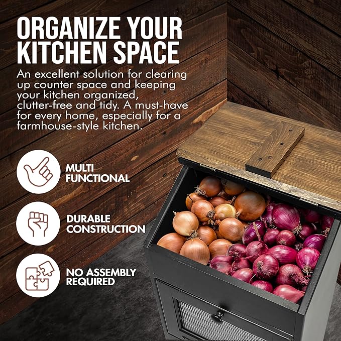 Peaceful Classics Potato Storage Wood Box, Wooden Bread Bins, Decorative and Onion Bin, Bin w/Grocery Section, Vegetable w/Lid for Kitchen Pantry, Black, KS302B