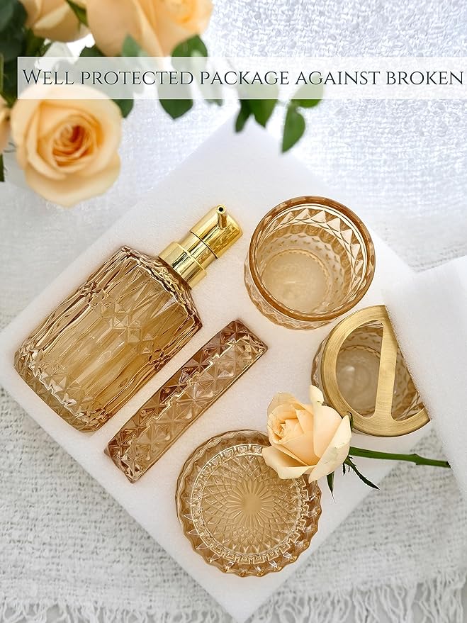 Clear Gold Bathroom Accessorries Set, 5Pcs Glass Bathroom Accessories, Lotion Soap Dispenser, Toothbrush Holder Set, Soap Dish, Tumbler, Qtips Holder for Bathroom Vanity Decor, Yellow Gold