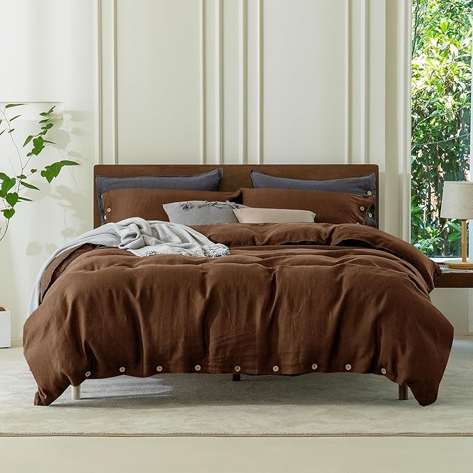 EVERLY 100% Pure Linen Duvet Cover Set King Size 104X90Inch 3pcs (1 Duvet Cover,2 Pillowcases) Soft and Breathable for All Season with Coconut Button Closure, Suitable for Hot Sleepers-Chocolate