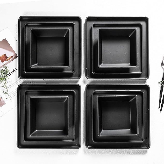 Melamine Dinnerware Sets - 12pcs Square Plates and Bowls Set, Dishes Set, Black