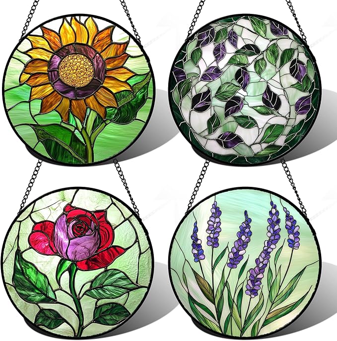 Stained Glass Window Hanging 4 Pcs Set Red Roses Yellow Sunflowers 7.8" - Flower Suncatcher Door Garden Sun Catcher Decor Birthday Mother's Day for Mom Woman Nana Girl