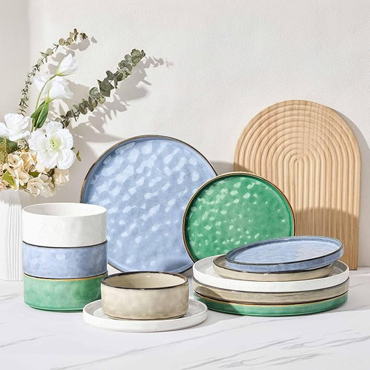 Herogo 12 Pieces Dishware Sets for 4, Stoneware Dinnerware Dish Set, Dinner Plates and Bowls for Home Kitchen, Dishwasher & Microwave Safe, Multicolor