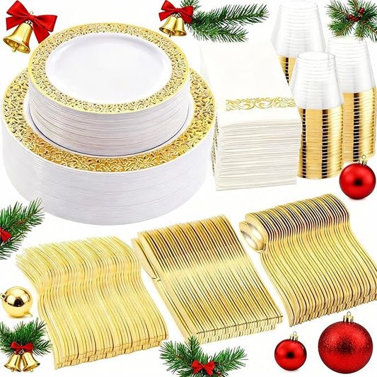 WELLIFE 210Pcs Gold Plastic Dinnerware - Disposable Silverware and Cups, Include:30 Dinner Plates, 30 Dessert Plates, 30 Paper Napkins, 30 Cups, 30 Gold Plastic Cutlery Set for Party and Christmas