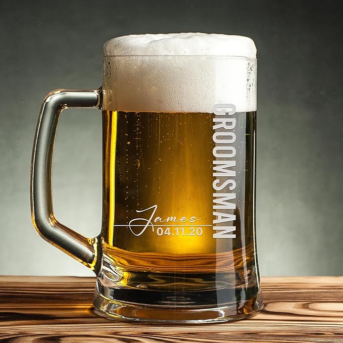Groomsmen Gifts - Personalized Beer Mugs - Groomsmen Proposal Gift Idea - Customized Gift for Groom, Best Man, Groomsman - Custom Engraved Beer Mugs for Grooms Men - Groomsmen Beer Glasses (Design D)