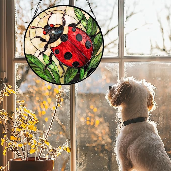 Stained Glass Window Hanging - Red Seven-Spotted Ladybug Sun Catcher for Door Home Decor Insect Suncatcher Christmas Mother's Day Birthday Gifts for Women Men Mom Nana 6.3 in