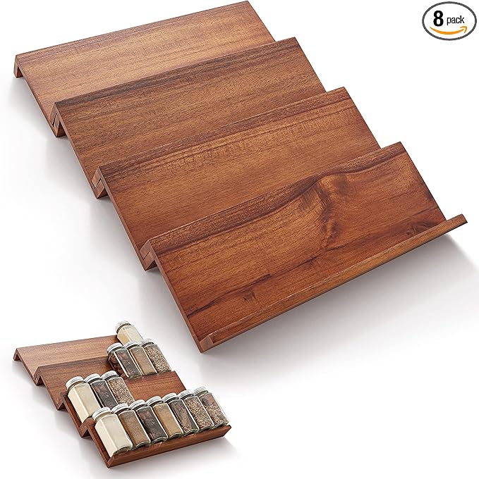 Tinamo Acacia Wooden Spice Rack Organizer for Cabinet - Spice Drawer Insert, Spice Organization for Cabinet, Seasoning Organizer, Spice Holder Pack of 8 (Acacia pack 4)