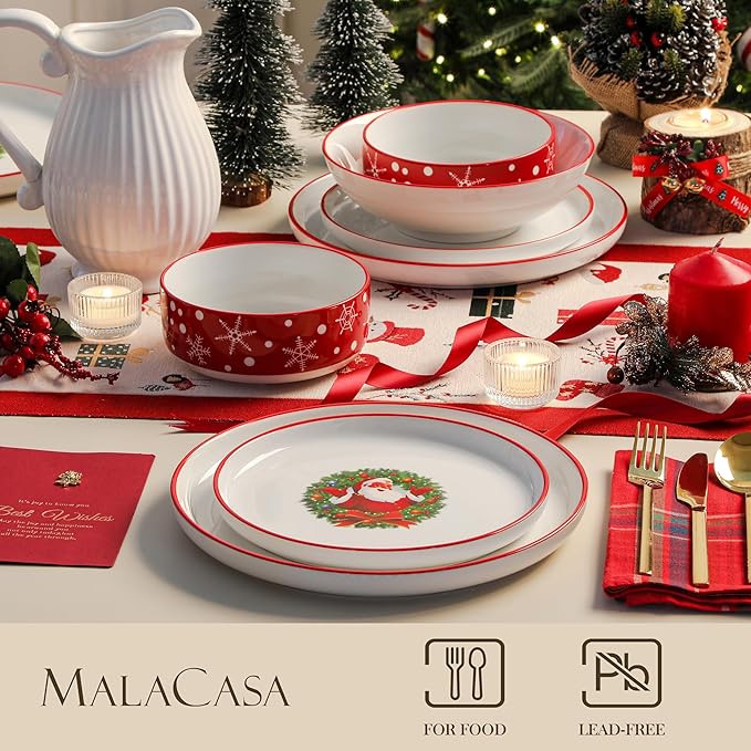 MALACASA Plates and Bowls Sets, 24 Pieces Christmas Porcelain Dinnerware Set for 6, Ceramic Dishware Dishes White Kitchen Dinner Dining Ware Set, Microwave and Dishwasher Safe, Series LUNA-Santa Claus