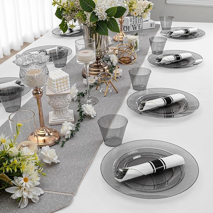 DaYammi 350 Pieces Black Glitter Dinnerware Set 50 Guest for Party- 50 Dinner Plates, 50 Dessert Plates -50 Per Rolled Napkins with Black Cutlery - 50 Disposable Cups 9 OZ