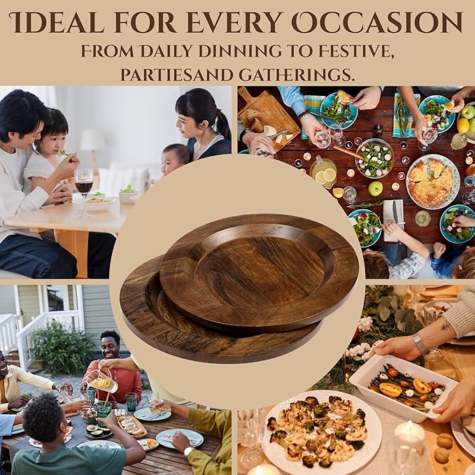 CLEENTABLE Wooden Dinner Plates Set of 2-13" Serving Dinner Plate Chargers for Weddings, Parties, Rustic Table Decor, Indoor Outdoor Dining - Lightweight Round Appetizer Plates (Walnut)