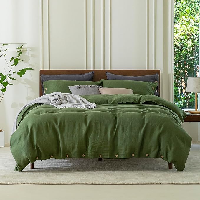 EVERLY 100% Pure Linen Duvet Cover Set Queen Size90X90Inch 3pcs (1 Duvet Cover,2 Pillowcases) Soft and Breathable for All Season with Coconut Button Closure, Suitable for Hot Sleepers-Mossy Green