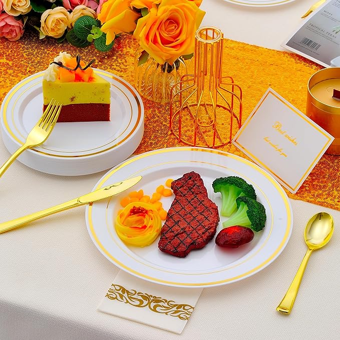 175 PCS Gold Dinnerware Set for 25 Guests, Gold Rimmed White Heavy Duty Plastic Disposable Plates for Party Wedding with 25 Dinner Plates,Dessert Plates, Silverware Set, Cups, Napkins