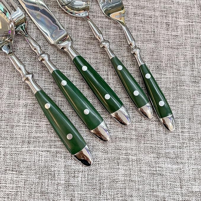 50 Pieces Green Gum Wood Handle Silverware Set for 10,Exquisite Ergonomic Flatware Set Food-Grade Stainless Steel Cutlery Set,Tableware Eating Utensils,Mirror Finished,Dishwasher Safe