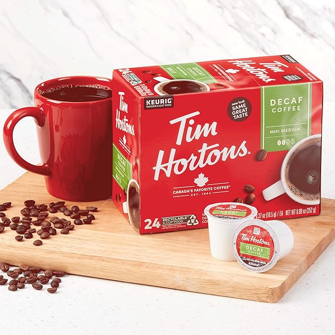 Tim Hortons Decaf Medium Roast Coffee, Single-Serve K-Cup Pods Compatible with Keurig Brewers, 96ct K-Cups, Red 24 Count (Pack of 4)