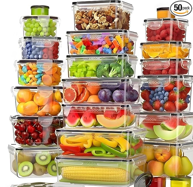 AISOON 50 Pcs 85oz Large Food Storage Sets with Lids, Airtight Kitchen Pantry Containers, Leakproof & BPA-Free Meal Prep Containers, Freezer, Microwave & Dishwasher Safe with Labels & Pen