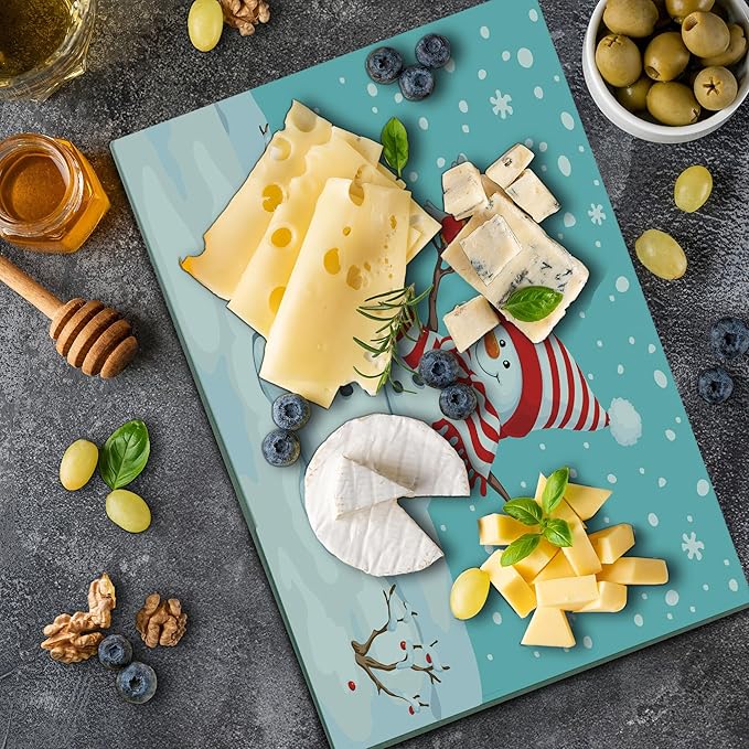 Ambesonne Snowman Cutting Board, Winter Time Snow Silhouette with a Bird and Branches Happy Christmas Design, Decorative Tempered Glass Cutting and Serving Board, Large Size, Aqua Blue