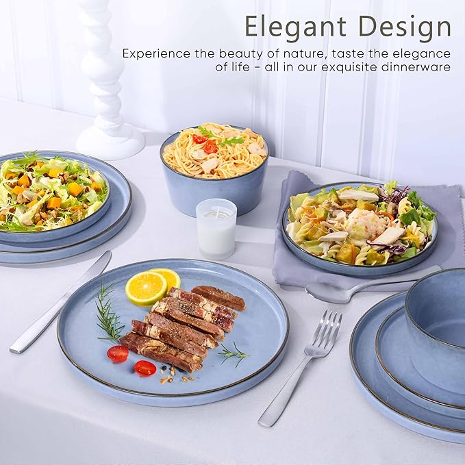 Herogo 12-Piece Stoneware Dinnerware Set for 4, Dinner Plates and Bowls Sets, Double Reactive Glaze Dishware Place Setting for Kitchen, Scratch Resistant, Microwave Safe, Haze Blue