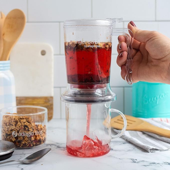ingenuiTEA Bottom-Dispensing Teapot, PBA-Free. Works with any tea and cup. Makes 16 oz of tea. Dishwasher-safe. The easiest way to prepare loose tea.