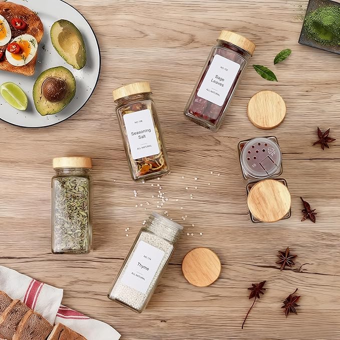 Spice Drawer Organizer with 20 Bamboo-lidded Spice Jars,216 Labels,25 Non-slip Rubber, Bamboo 4 Tier Seasoning Rack Tray Insert for Kitchen Drawers,Cabinets,Countertop,11" Wide x 15.8" Deep