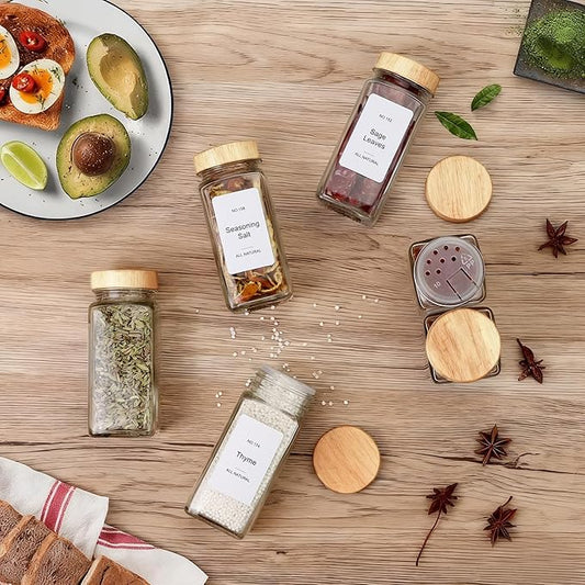 Spice Drawer Organizer with 28 Bamboo-lidded Spice Jars,216 Labels,25 Non-slip Rubber, Bamboo 4 Tier Seasoning Rack Tray Insert for Kitchen Drawers,Cabinets,Countertop,14.6" Wide x 15.8" Deep