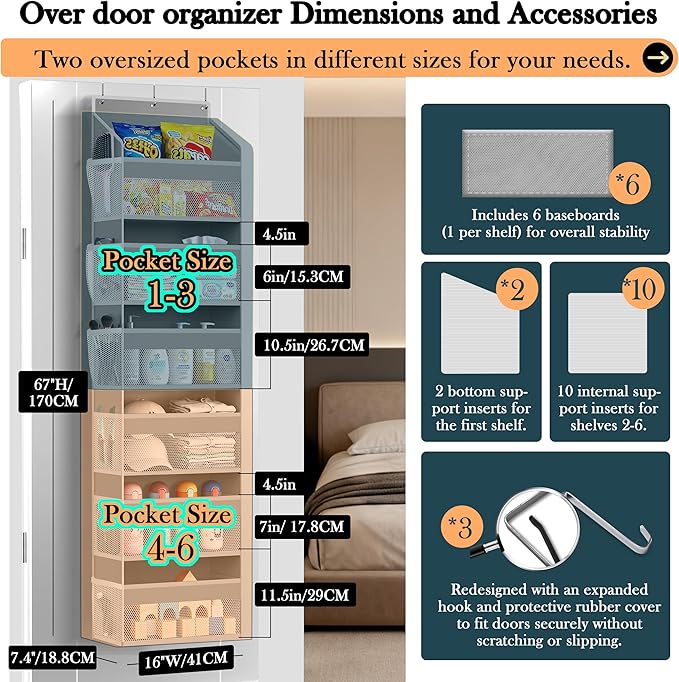 PAULONE 1 Pack Heavy Duty Over the Door Organizer, 6 Large + 12 Mesh Pockets with 89 lbs Capacity, Space-Saving Hanging Storage for Shoes, Toys, Bedroom & Closet-Light Gray