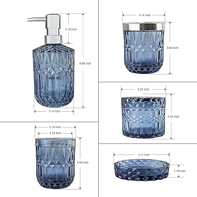 Blue Bathroom Accessories Set, 5Pcs Clear Glass Bathroom Accessories, Hand Soap Dispenser, Soap Dish, Toothbrush Holder Set, Qtips Holder for Crystal Vintage Bath Countertop Decor, Gift Set