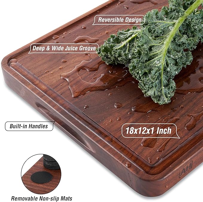 AZRHOM Walnut Wood Cutting Board, 18x12in Large Wooden Chopping Boards with Deep Juice Groove and Side Handle, Thick Butcher Block for Kitchen Meat Cheese Gift for Wife Mom(Gift Box)