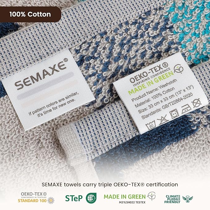 SEMAXE 100% Cotton Washcloths for Bathroom - 24 Pack, Quick-Dry Face Towels with Hanging Loop, Highly Absorbent and Soft, 13x13 Inch, Yellow | Blue | Grey | White