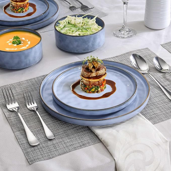 LIANYU 16 Piece Dinnerware Dish Sets with Salad Blows, Plates and Bowls Dinner Set for 4, Stoneware Dish Tableware for Dessert Salad Pasta, Microwave & Dishwasher Safe, Serenity Blue