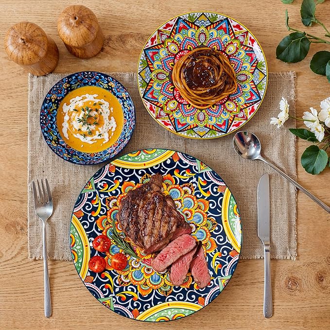 18 Pieces Dinnerware Sets, Porcelain Dishes Set for 6, Microwave and Dishwasher Safe, Scratch Resistant, Bohemian Style Plates and Bowls Set, Service for 6