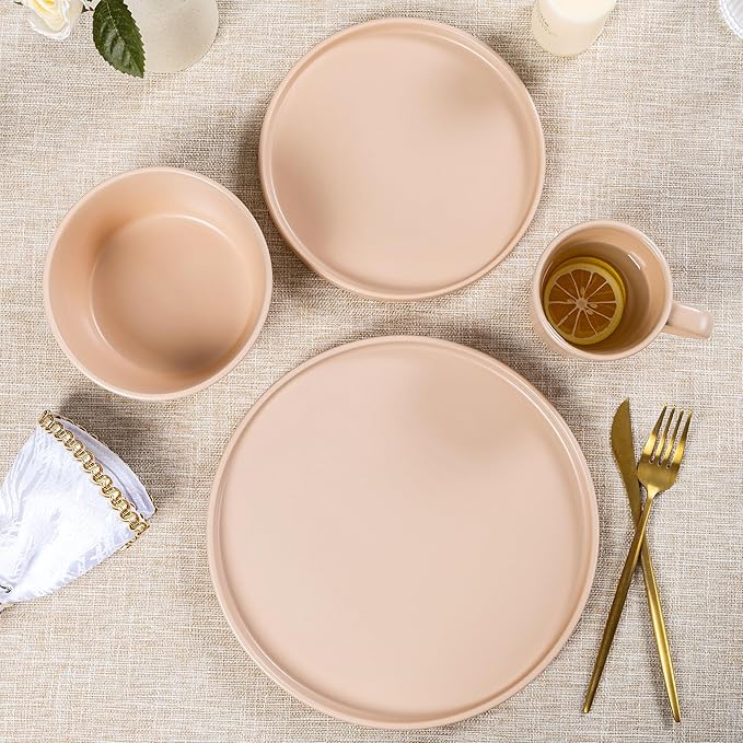 Plates and Bowls Sets for 4 - CJDC-QUELO 16 Piece Stoneware Dinnerware Sets with Mugs, Ceramic Dishware Sets for Kitchen Dining Use, Chip and Scratch Resistant Microwave Dishwasher Safe, Brown