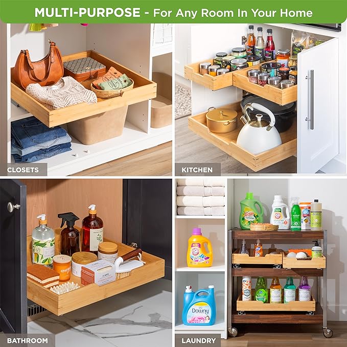 HOLDN’ STORAGE Bamboo Wooden Pull out Cabinet Organizer 20" W x 21" D - Requires At Least a 21.25" W x 21" D. Cabinet Opening. W/Lifetime Limited Warranty. Bamboo Tray and Heavy gauge metal rails.