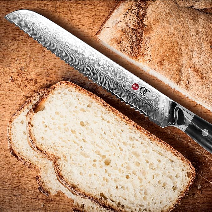 Oxford CHEF Bread Knife 8 inch Serrated Damascus- Japanese- VG10 Super Steel 67 Layer High Carbon Stainless Steel-Razor Sharp, Stain & Corrosion Resistant, & Awesome Edge Retention