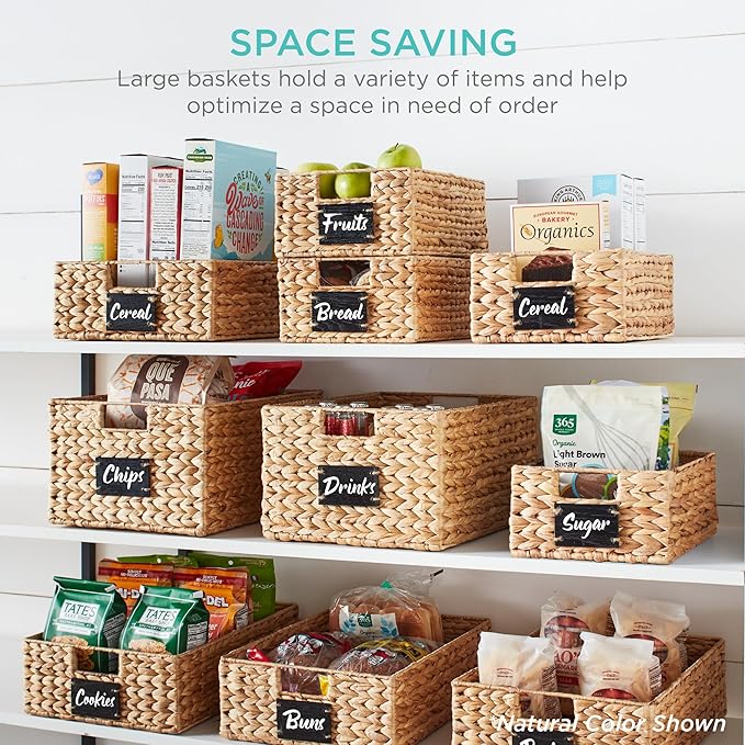 Best Choice Products Pantry Baskets Set of 2 16x12in Water Hyacinth Storage Baskets, Woven Wicker Kitchen Organizers with handles w/Chalkboard Label Chalk Marker - Gray
